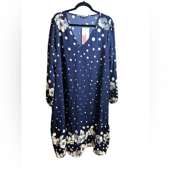 NWT BloomChic Plus Size Blue Floral V Neck Long Sleeve Dress Knee Length Size 2X - Picture 1 of 8